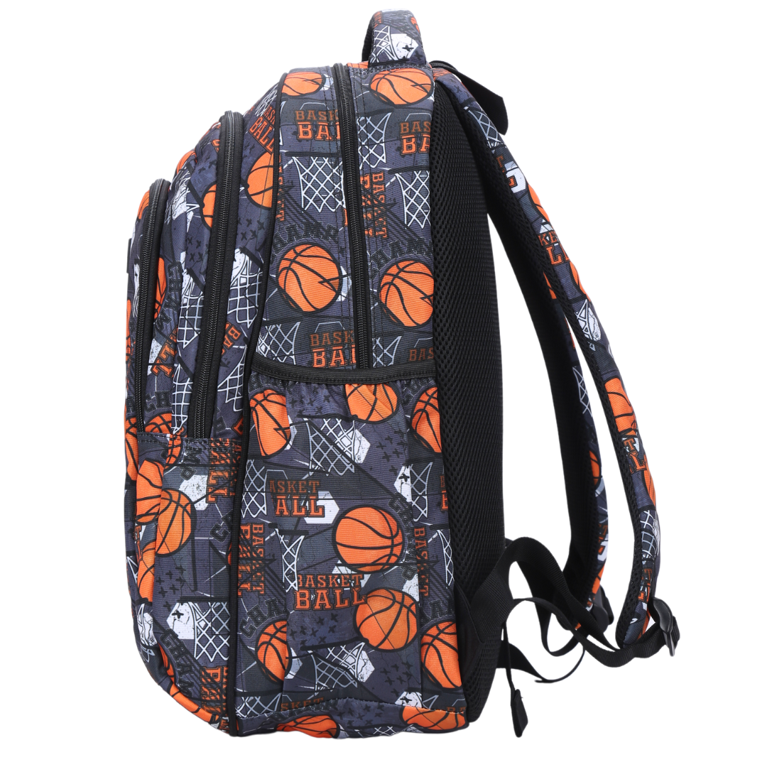 Side view of Basketball Large School Backpack Deep side pockets and multiple carry handles