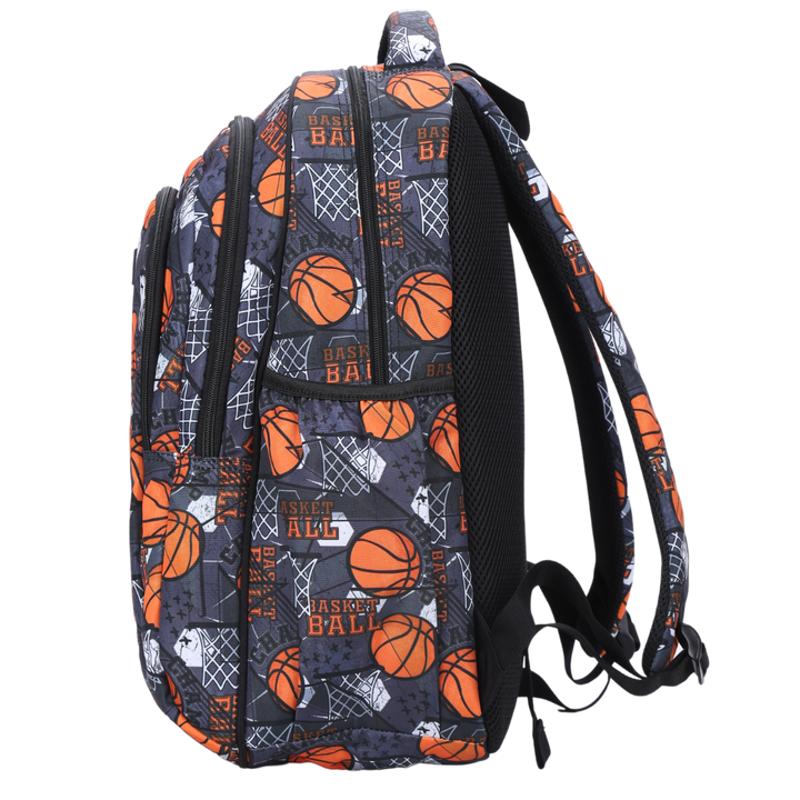 Side view of Basketball Large School Backpack Deep side pockets and multiple carry handles