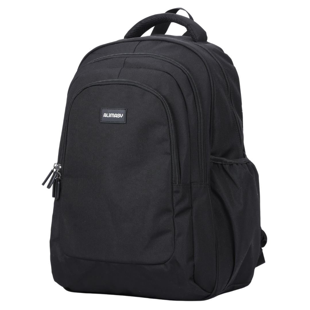 Angled view of Black Large Backpack Lightweight yet strong with YKK zips