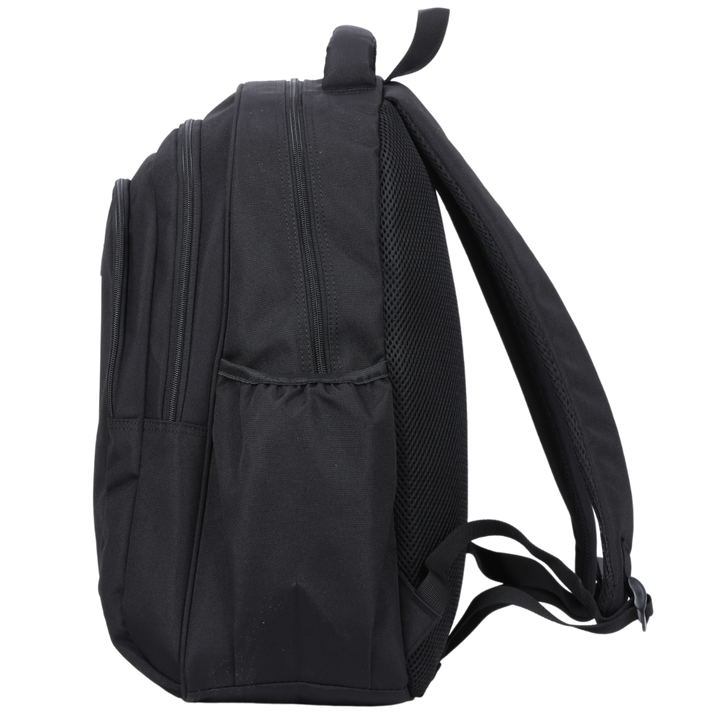 Side view of Black Large Backpack Deep side pockets and multiple carry handles