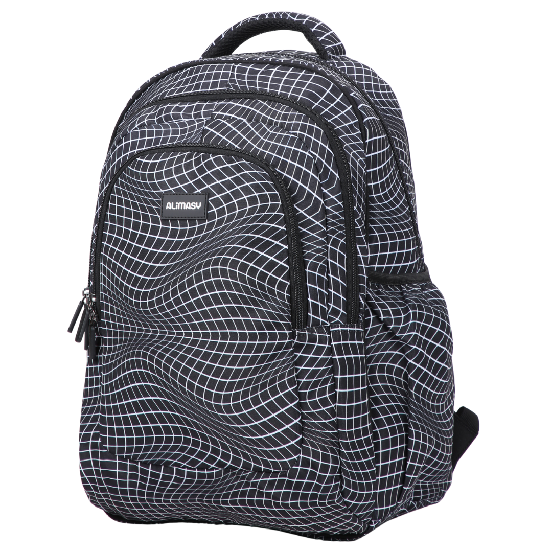 Angled view of Black Grid Wave Large School Backpack Lightweight yet strong with YKK zips