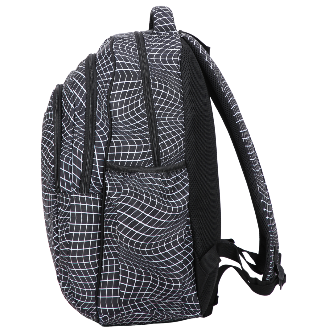 Side view of Black Grid Wave Large School Backpack Deep side pockets and multiple carry handles