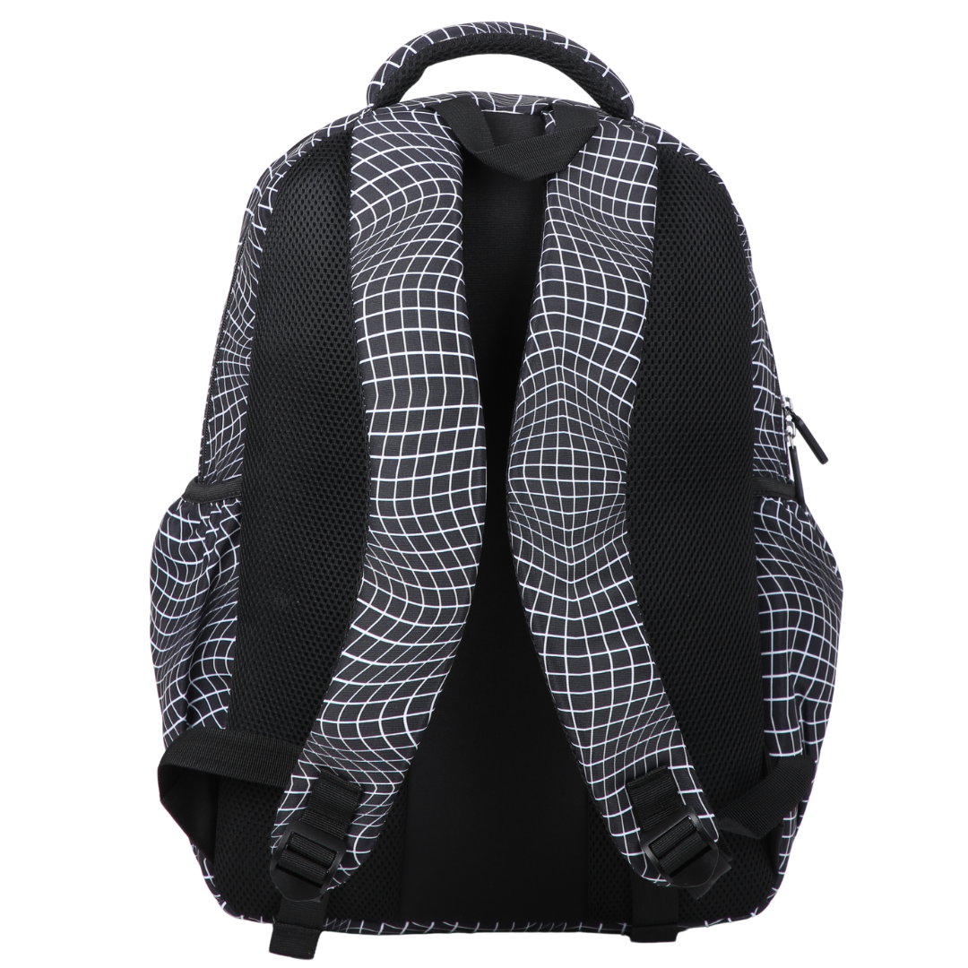 Back view of Black Grid Wave Large School Backpack Padded straps and breathable cushions for comfort