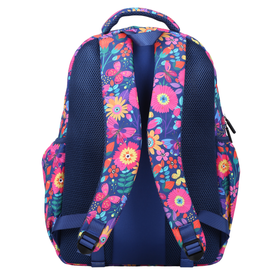 Back view of Blooms & Butterflies Large School Backpack Padded straps and breathable cushions for comfort