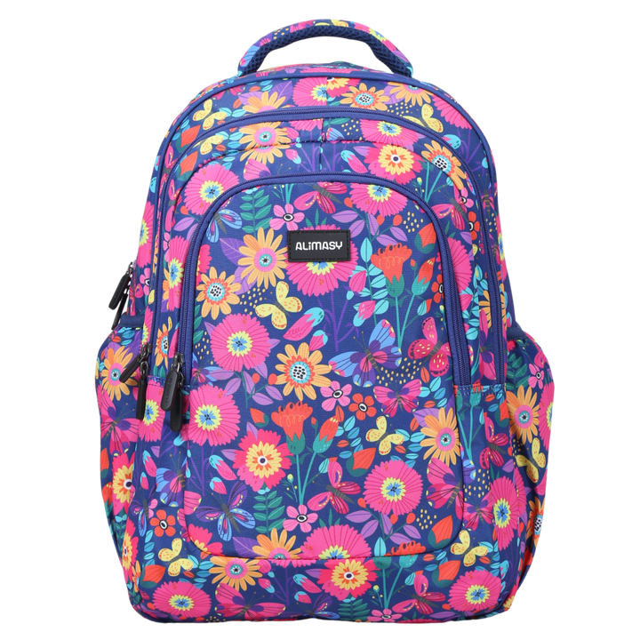 Front view of Blooms & Butterflies Large School Backpack Durable kids backpack with spacious compartments
