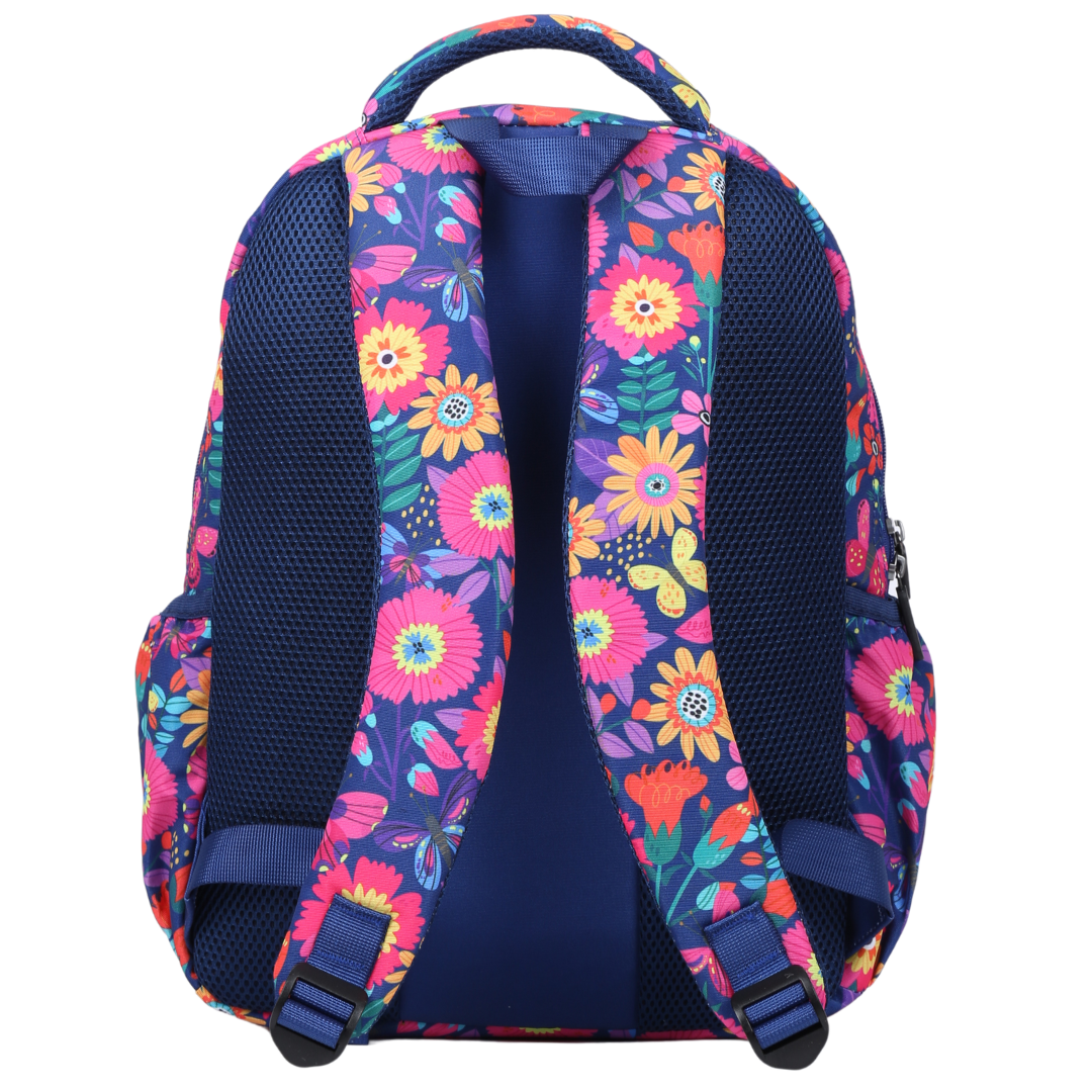 Blooms & Butterflies Pink Midsize Kids Backpack back view ergonomic padded straps and back, comfortable waterproof kids school bag
