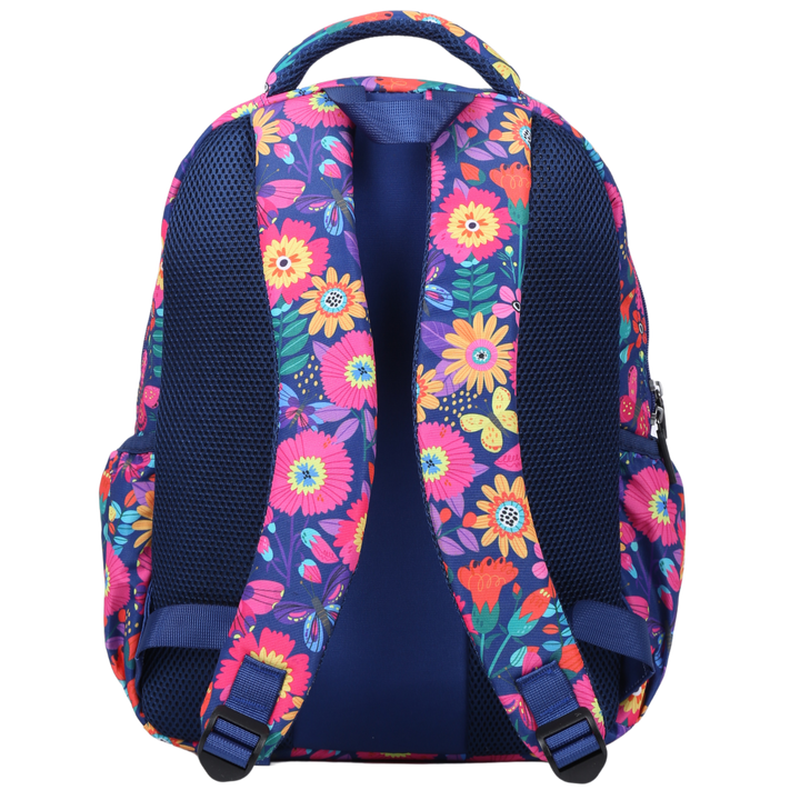 Blooms & Butterflies Pink Midsize Kids Backpack back view ergonomic padded straps and back, comfortable waterproof kids school bag