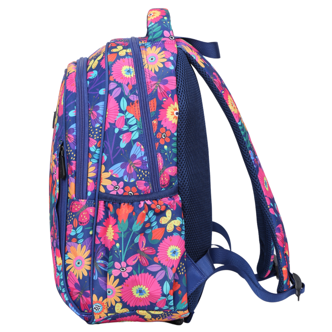 Blooms & Butterflies Midsize Kids Backpack side pocket elasticated for secure water bottle storage