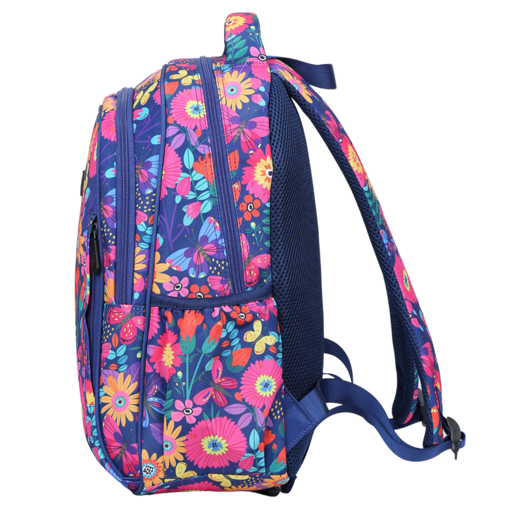 Blooms & Butterflies Midsize Kids Backpack side pocket elasticated for secure water bottle storage