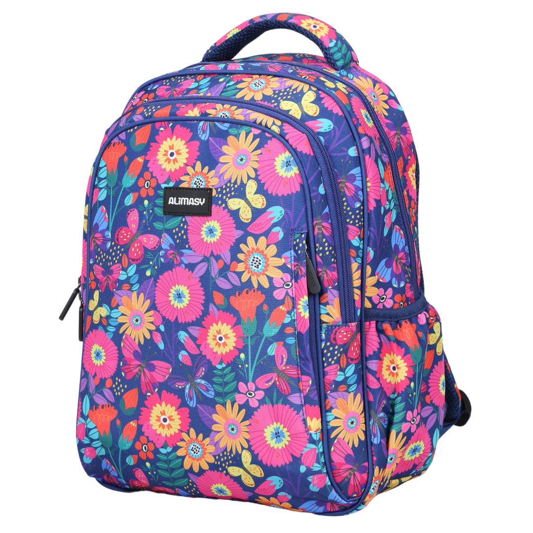 A midsize children's backpack with a floral butterfly theme print in vibrant pink and blue colours.