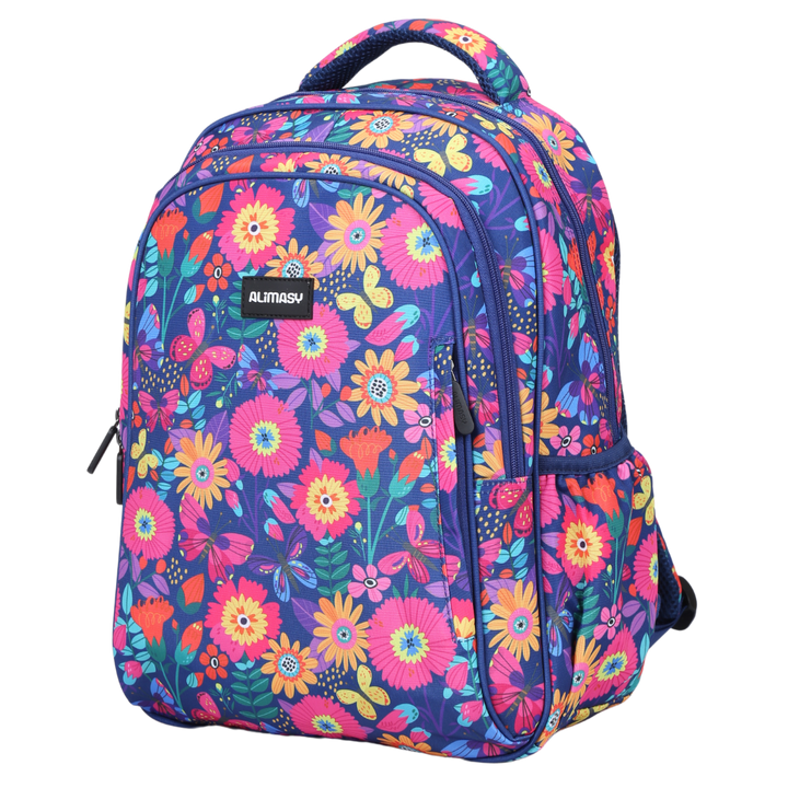 A midsize children's backpack with a floral butterfly theme print in vibrant pink and blue colours.