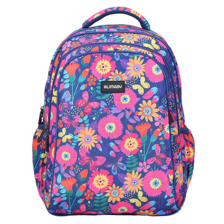 Blooms & Butterflies Midsize Kids Backpack front view lightweight waterproof daycare, kinder, preschool and primary school bag Australia NZ