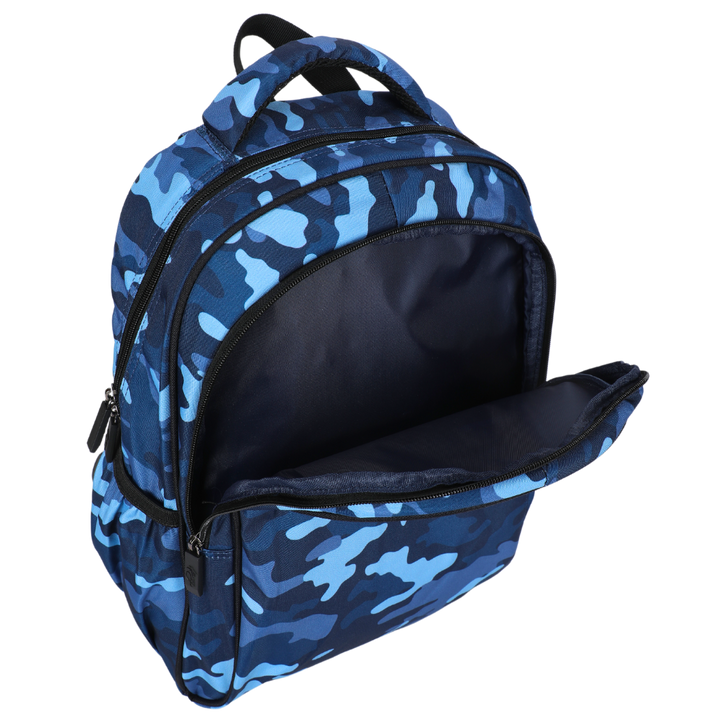 Blue Camouflage Midsize Kids Backpack inside view easy-clean waterproof interior lining, durable kids school bag