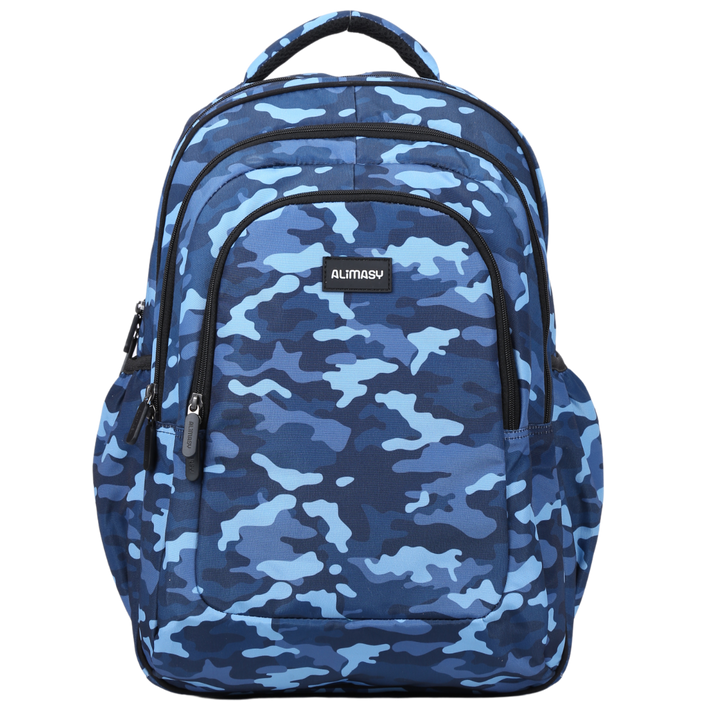 A large blue camouflage backpack with multiple compartments, shown from the front with the Alimasy brand name visible.