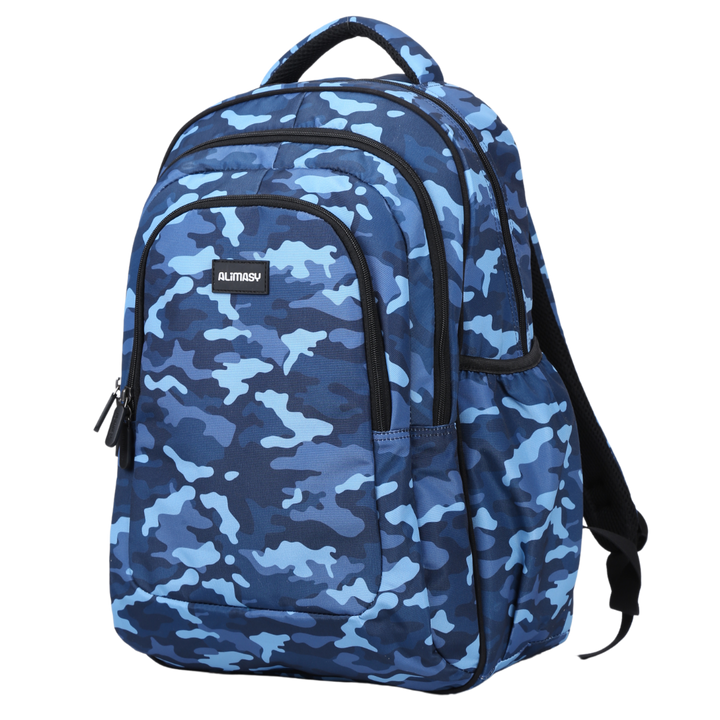 Angled view of Tropical Chaos Large School Backpack Lightweight yet strong with YKK zips