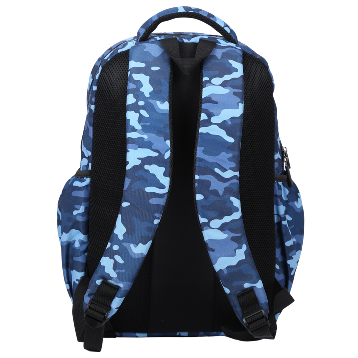 Back view of Blue Camouflage Large School Backpack Padded straps and breathable cushions for comfort