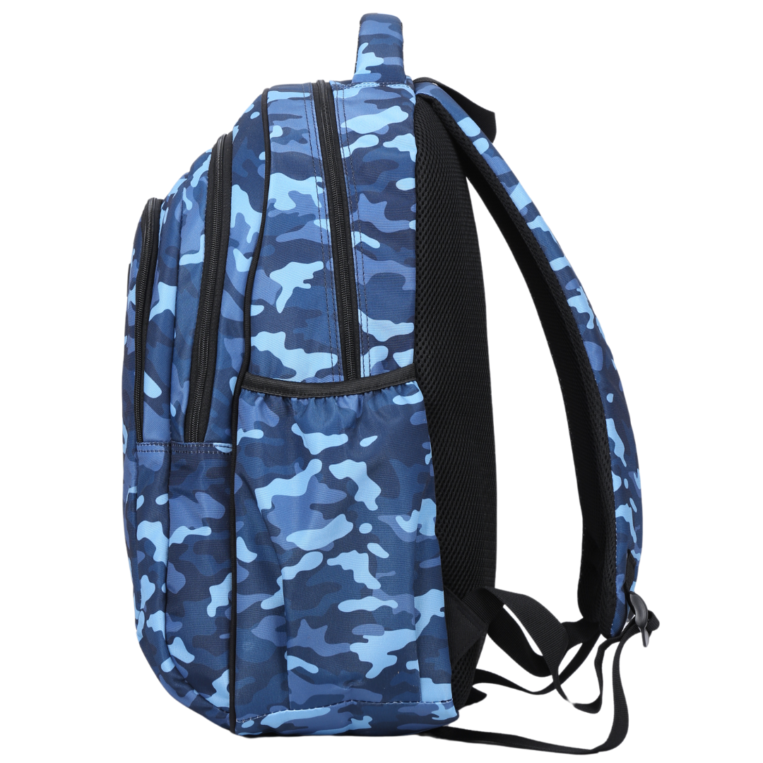 Side view of Blue Camouflage Large School Backpack Deep side pockets and multiple carry handles