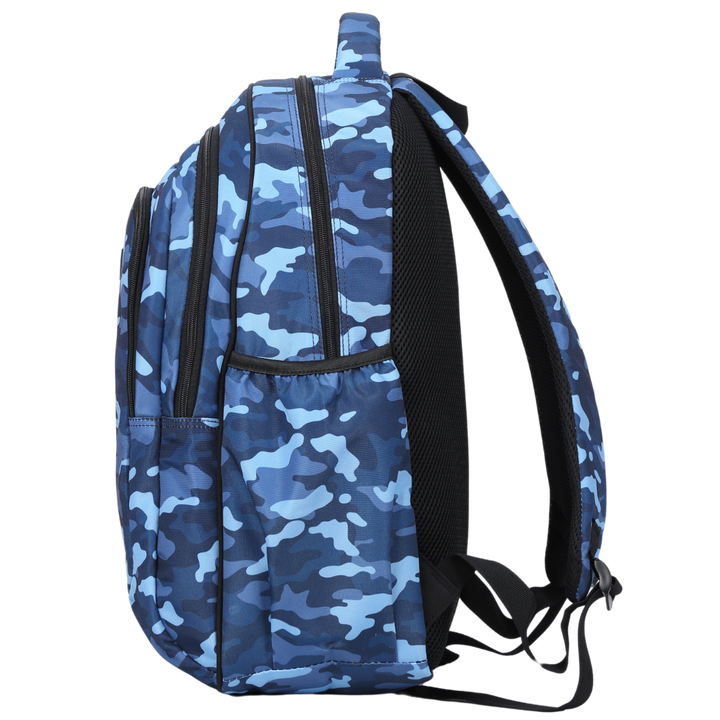 Side view of Blue Camouflage Large School Backpack Deep side pockets and multiple carry handles