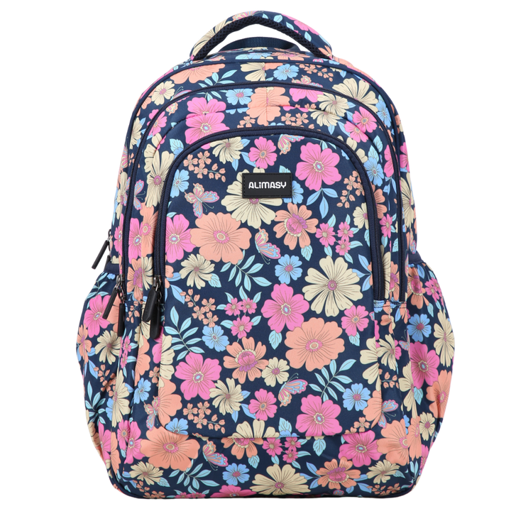 Floral patterned backpack with 'ALIMASY' branding on a white background
