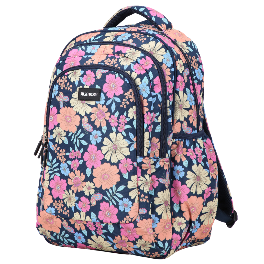 Floral patterned backpack on a white background
