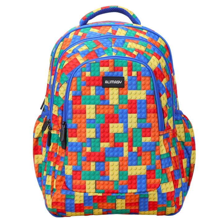 A large multicolored geometric pattern backpack with multiple compartments, branded with 'Alimasy' on the top pocket.