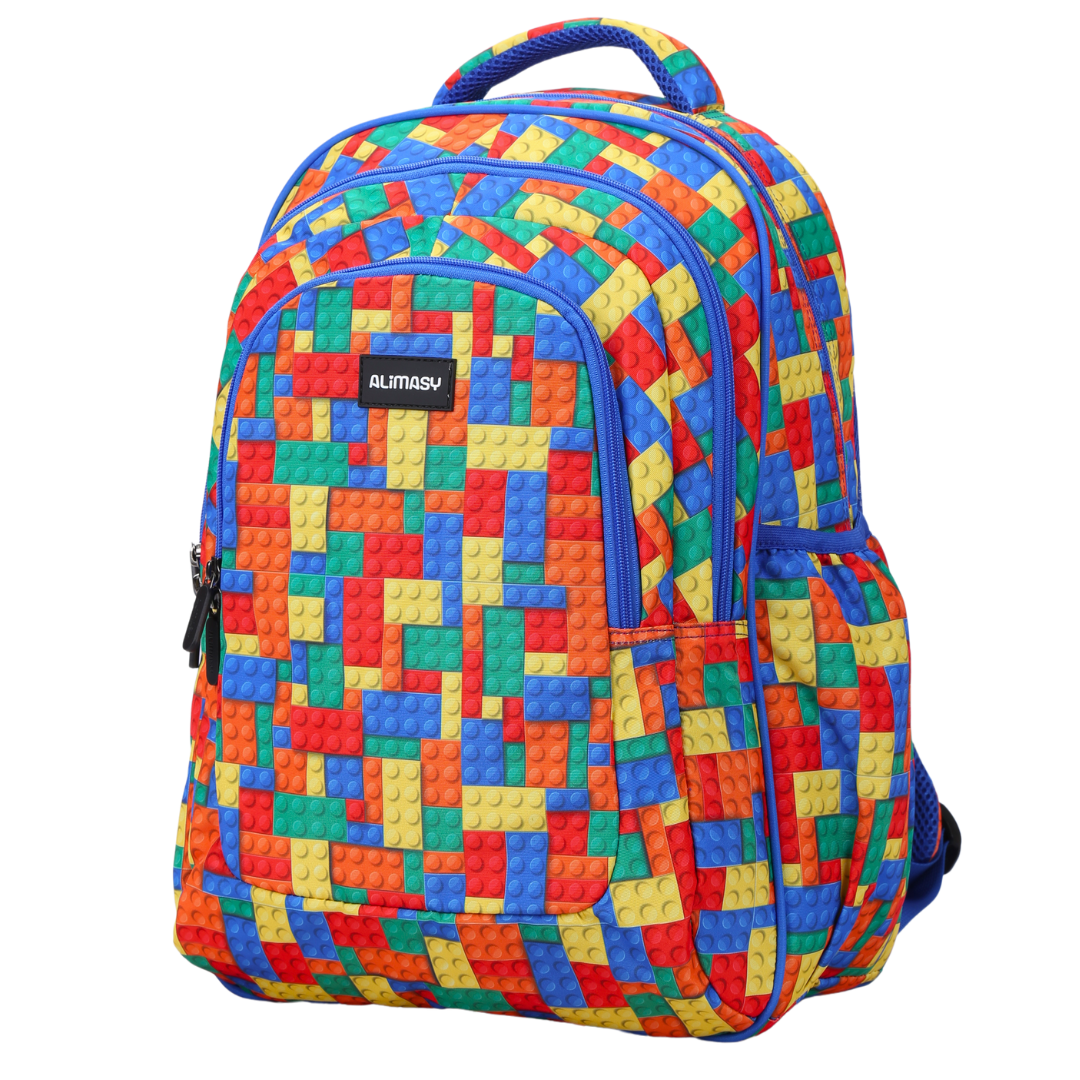Angled view of Bricks Large School Backpack Lightweight yet strong with YKK zips