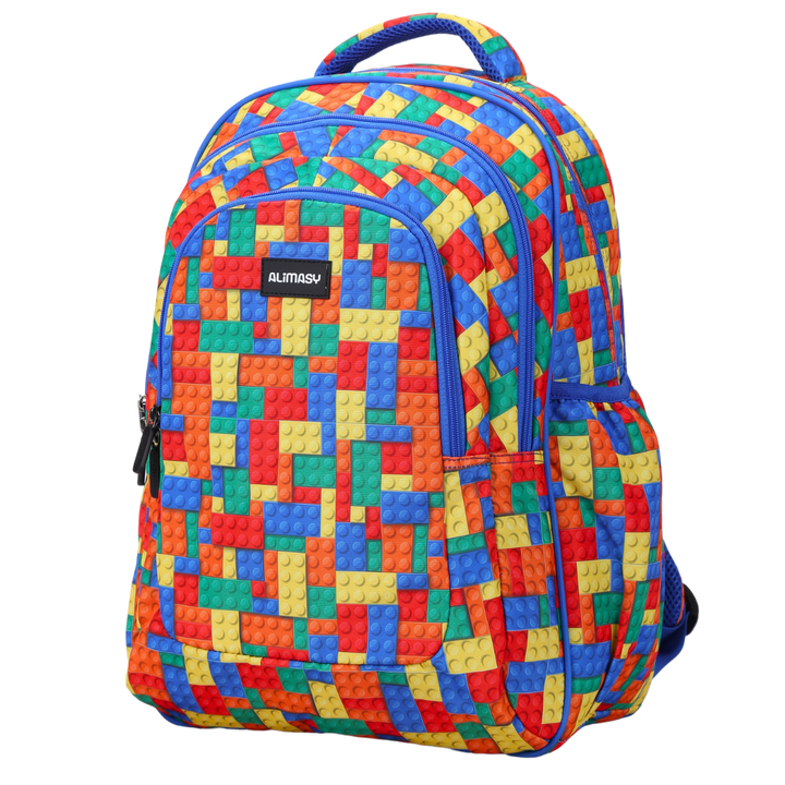 Angled view of Bricks Large School Backpack Lightweight yet strong with YKK zips