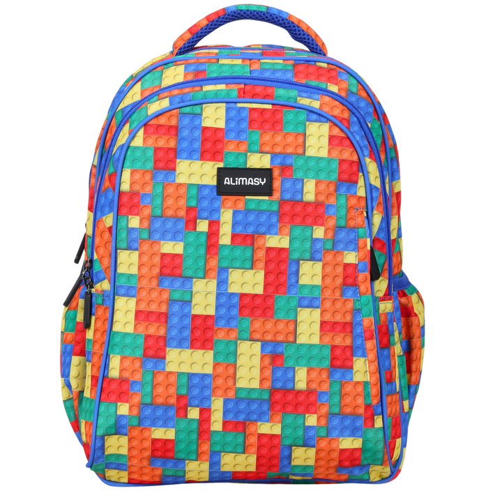 Bricks Colourful Midsize Kids Backpack front view lightweight waterproof preschool and primary school bag Australia NZ