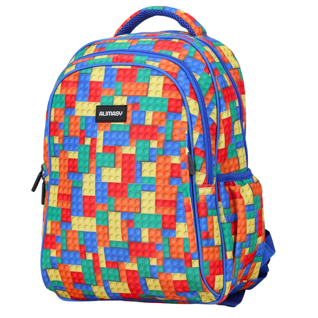A colorful midsize children's backpack with a geometric pattern in shades of blue, red, and yellow, featuring multiple compartments and a front pocket.