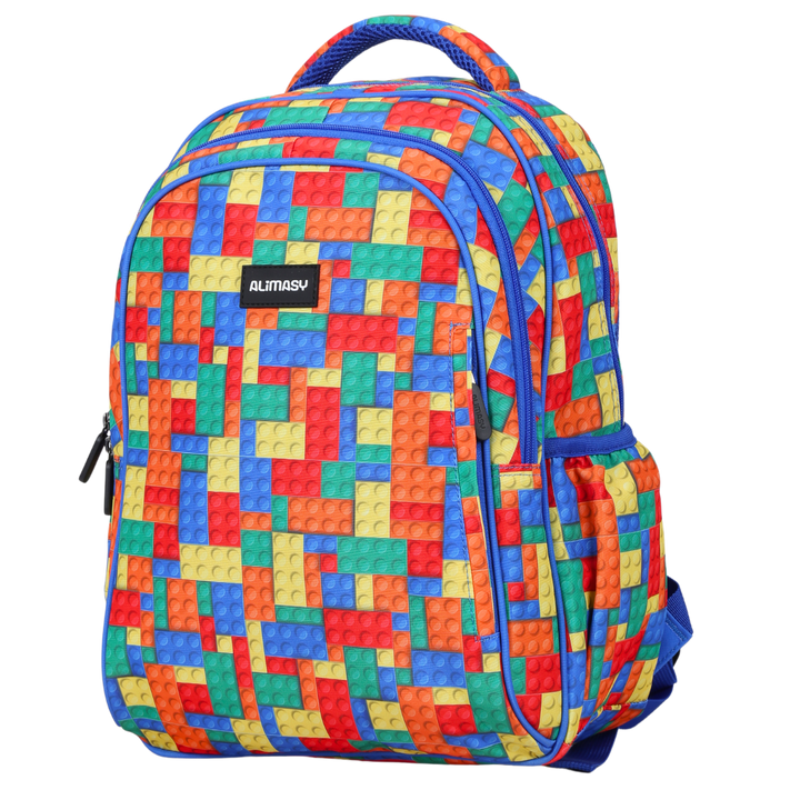 A colorful midsize children's backpack with a geometric pattern in shades of blue, red, and yellow, featuring multiple compartments and a front pocket.