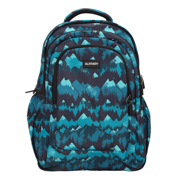A large school backpack with a green, black and gray camouflage mountain pattern.