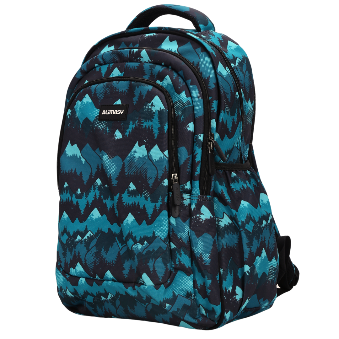 Angled view of The Monarchy Large School Backpack Lightweight yet strong with YKK zips