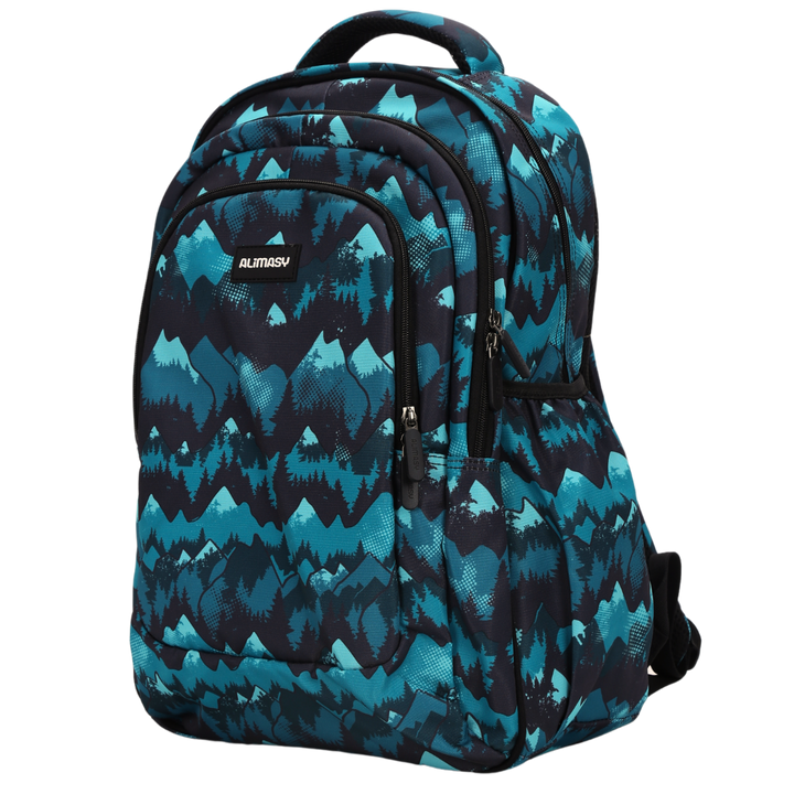 Angled view of The Monarchy Large School Backpack Lightweight yet strong with YKK zips