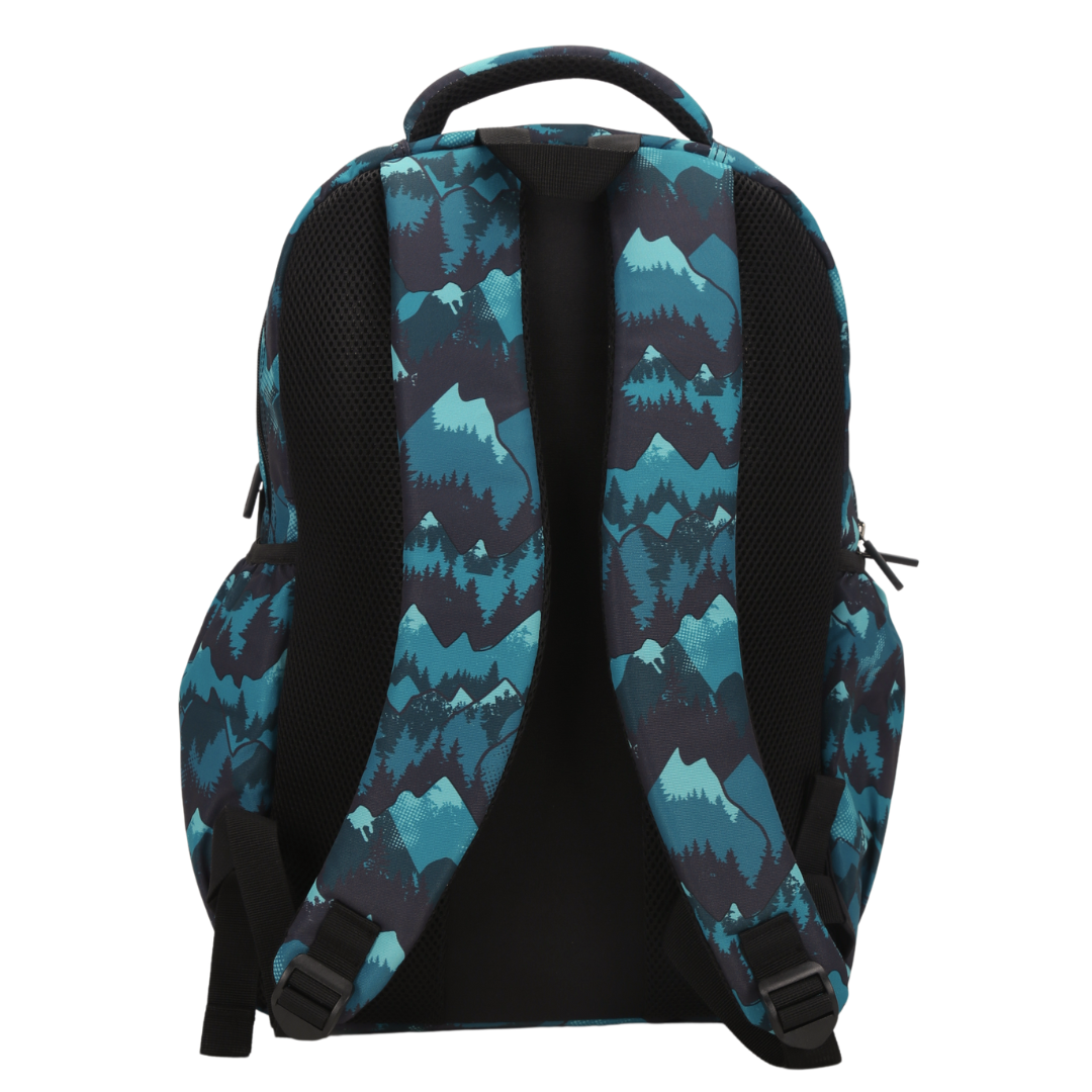 Back view of Camo Mountain Large School Backpack Padded straps and breathable cushions for comfort