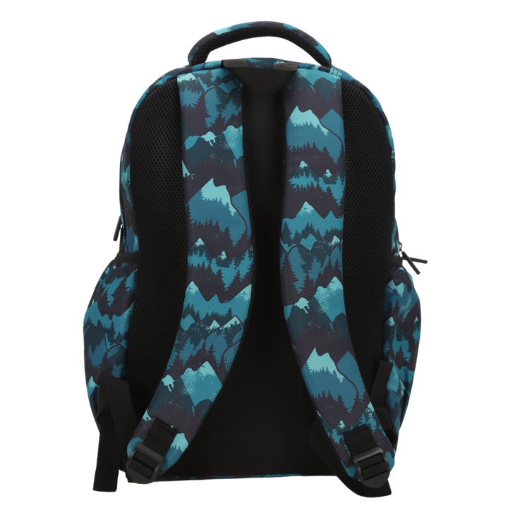 Back view of Camo Mountain Large School Backpack Padded straps and breathable cushions for comfort