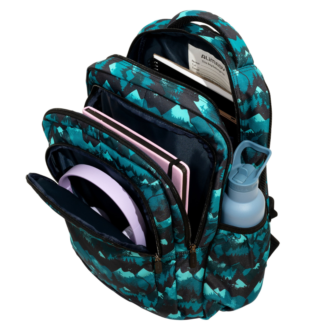Close-up of Camo Mountain Large School Backpack Easy clean waterproof lining and durable fabric