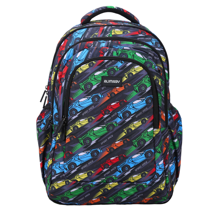 A large grey school backpack with a multicolored racing car print.