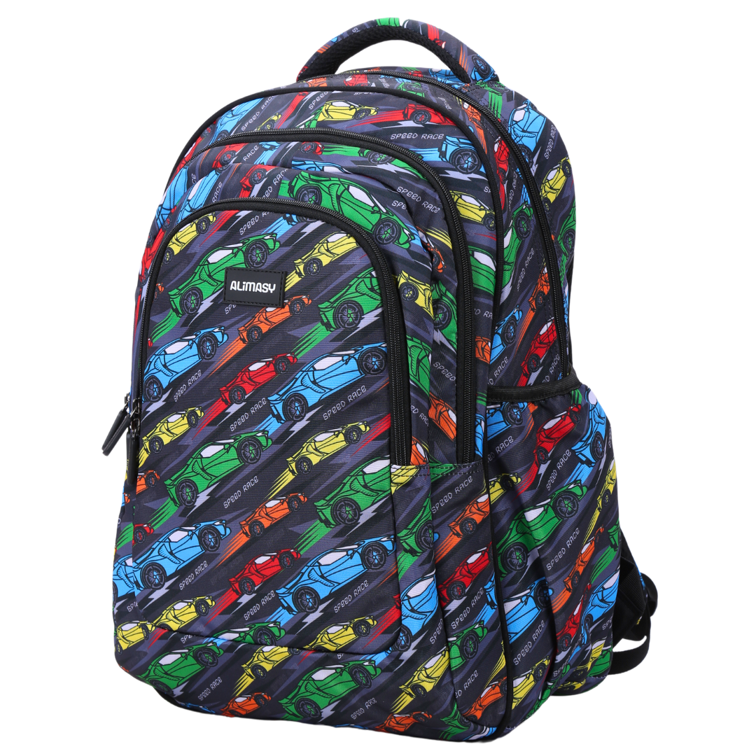 Angled view of Racing Car Large School Backpack Lightweight yet strong with YKK zips