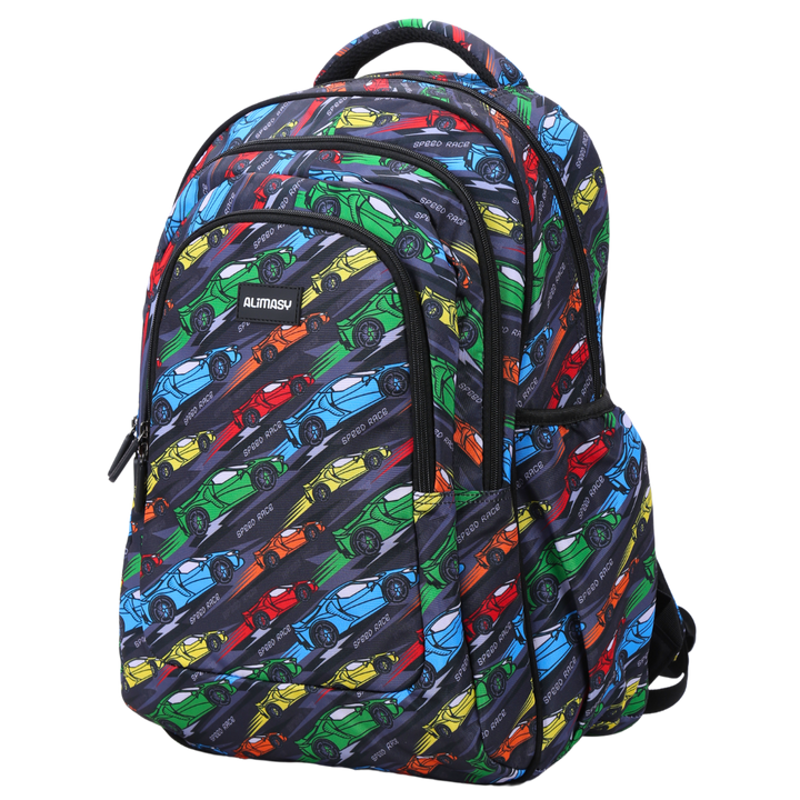 Angled view of Racing Car Large School Backpack Lightweight yet strong with YKK zips