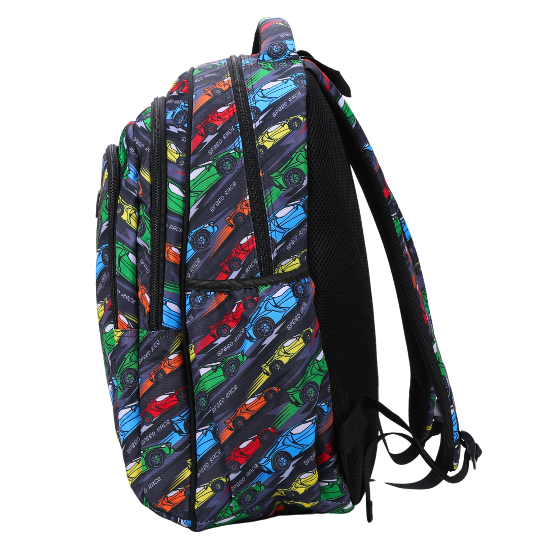 Side view of Racing Car Large School Backpack Deep side pockets and multiple carry handles