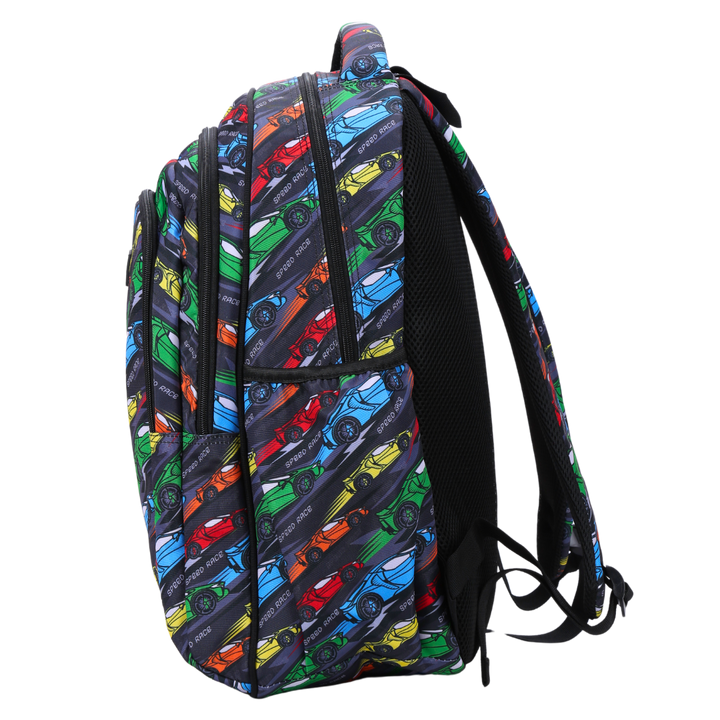 Side view of Racing Car Large School Backpack Deep side pockets and multiple carry handles