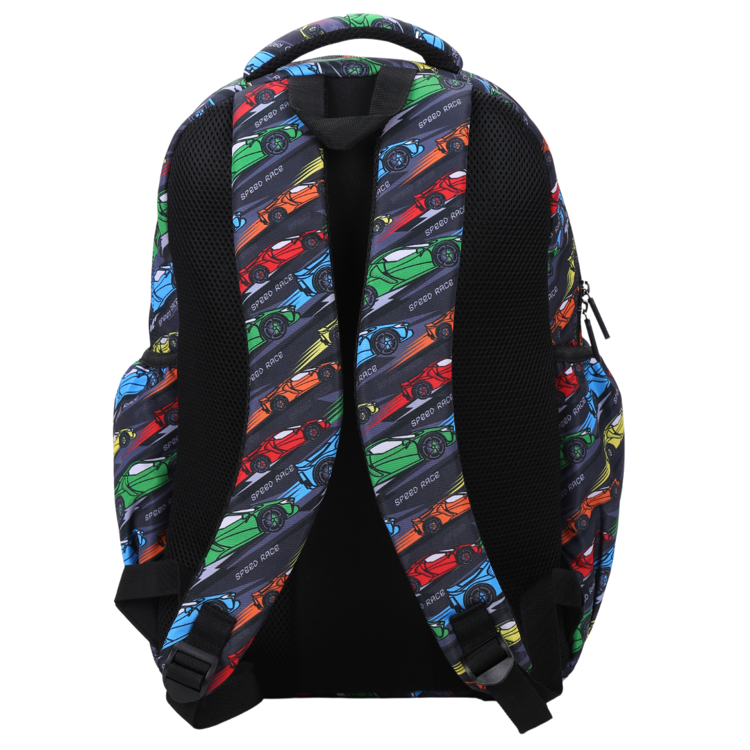 Back view of Racing Car Large School Backpack Padded straps and breathable cushions for comfort