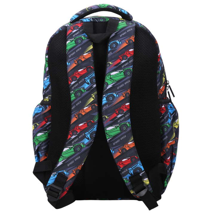 Back view of Racing Car Large School Backpack Padded straps and breathable cushions for comfort
