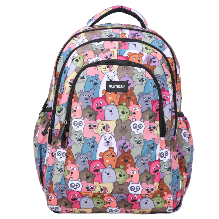 Front view of Cartoon Bears colourful pattern Large School Backpack Durable kids backpack with spacious compartments