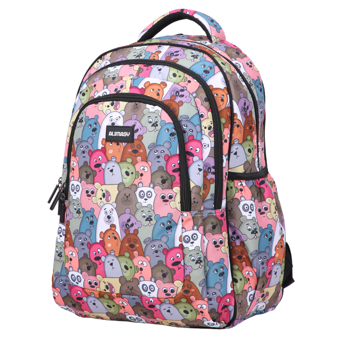 Angled view of Cartoon Bears Large School Backpack Lightweight yet strong with YKK zips