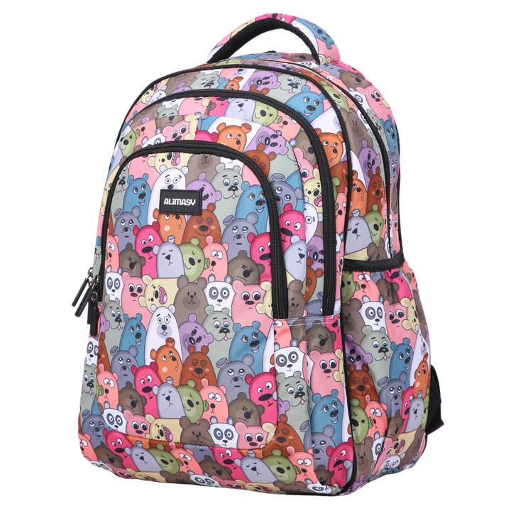 Angled view of Cartoon Bears Large School Backpack Lightweight yet strong with YKK zips