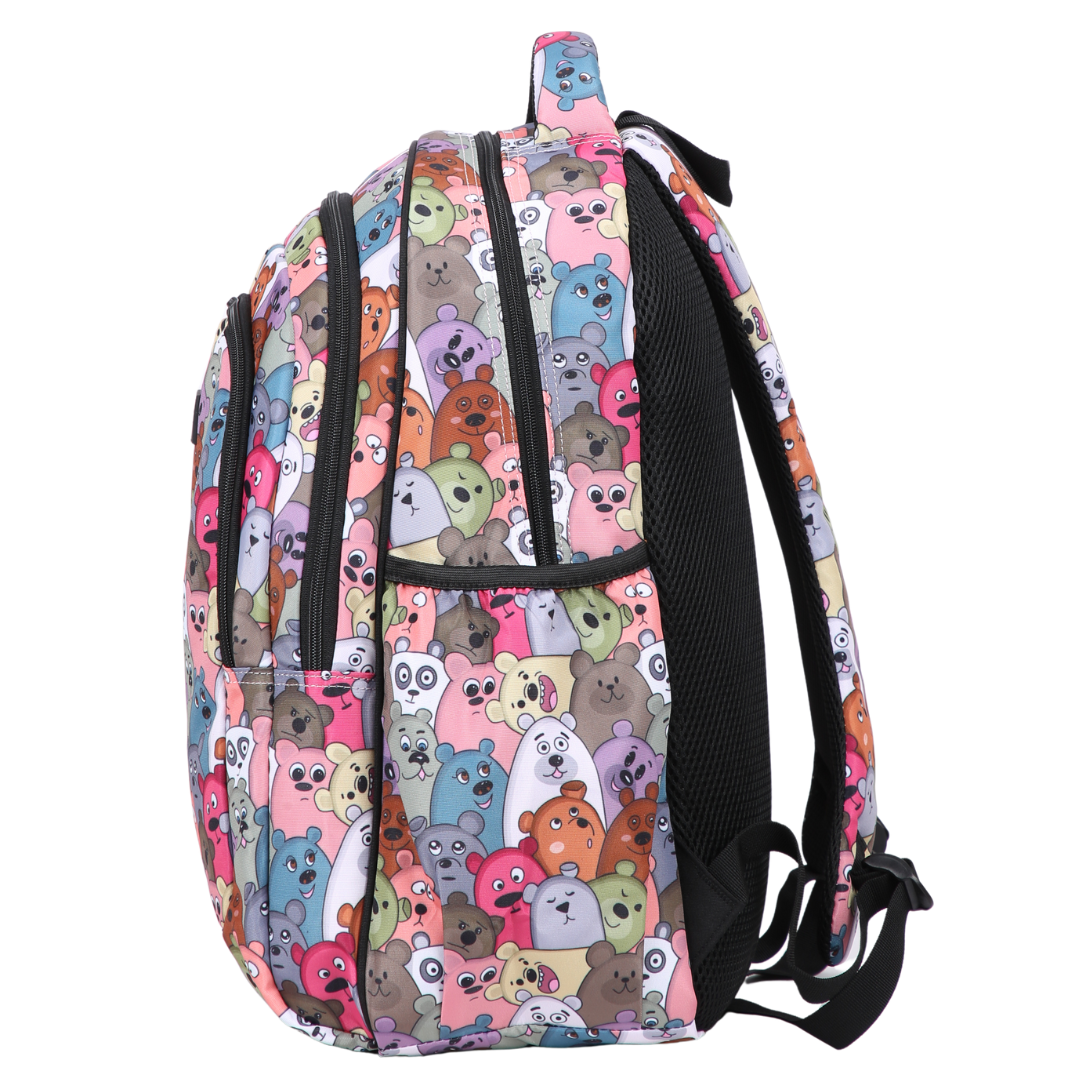 Side view of Cartoon Bears Large School Backpack Deep side pockets and multiple carry handles