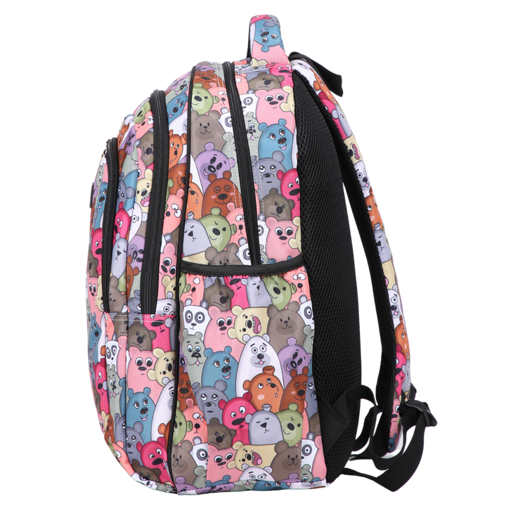Side view of Cartoon Bears Large School Backpack Deep side pockets and multiple carry handles