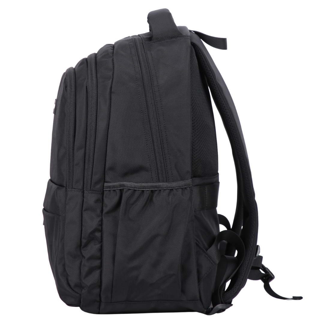 black backpack side view with elasticated side pocket for water bottle