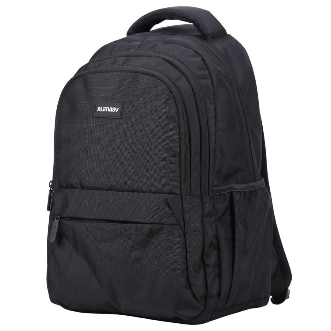 Black backpack angled view with zipped front pocket, 3 compartments and elasticated side pocket, adjustable chest strap and luggage strap